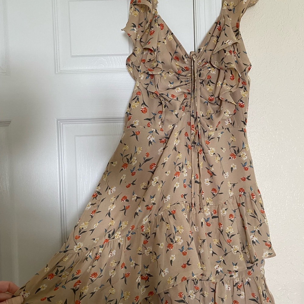 J.O.A. Ruched Ruffle Dress in Taupe Floral